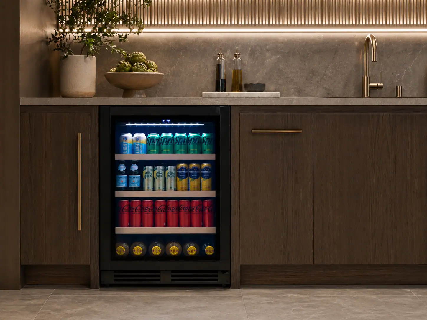 Haustec beverage cooler built into a home bar
