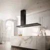 Falmec hood Elle 180 island Black above a marble island in a classical interior with arched window