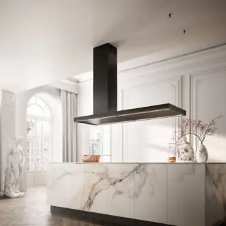 Falmec hood Elle 180 island Black above a marble island in a classical interior with arched window