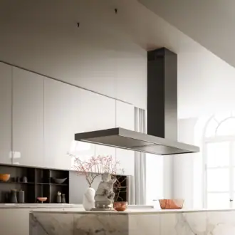 almec hood Elle Island 180 Black above a marble island in a contemporary white kitchen