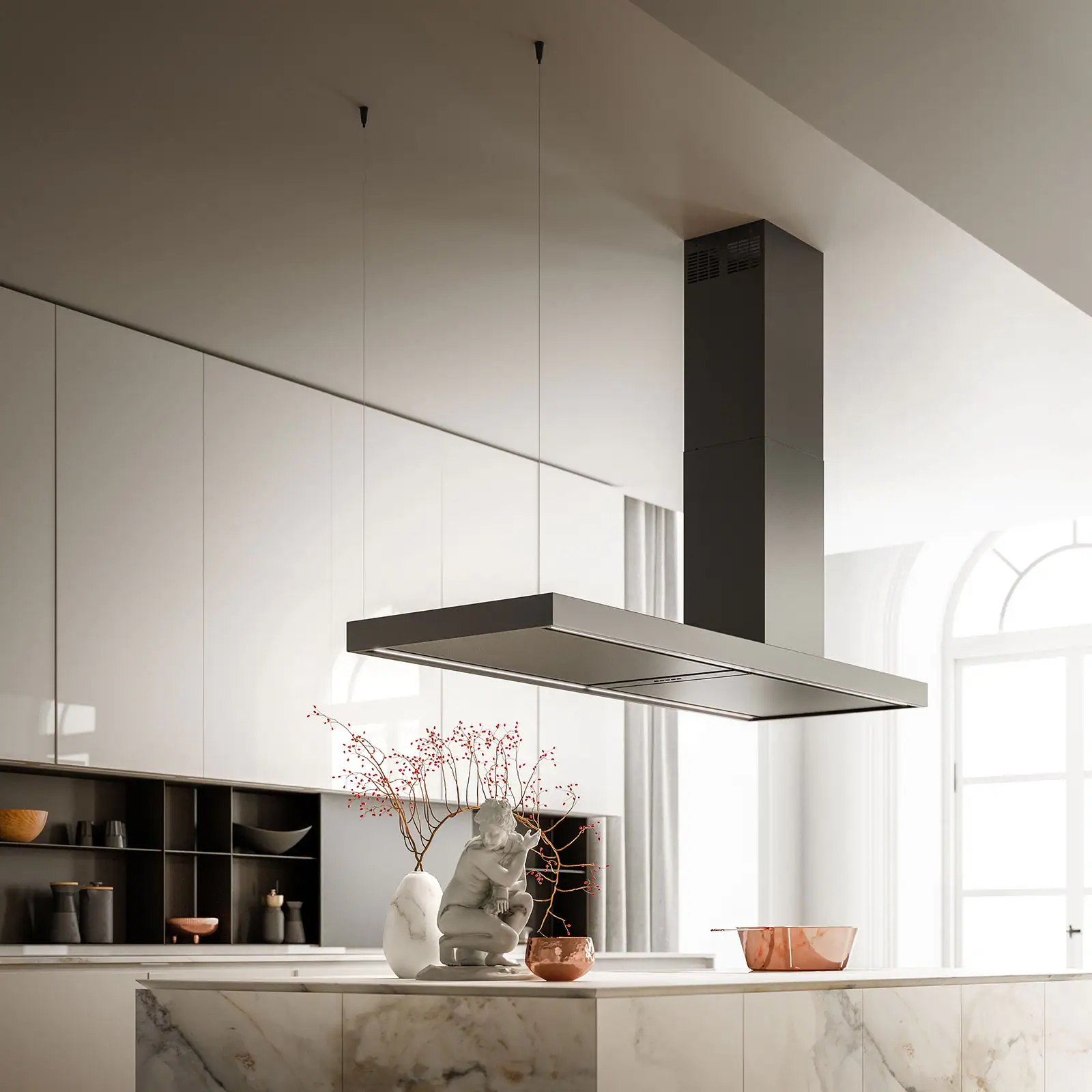 almec hood Elle Island 180 Black above a marble island in a contemporary white kitchen