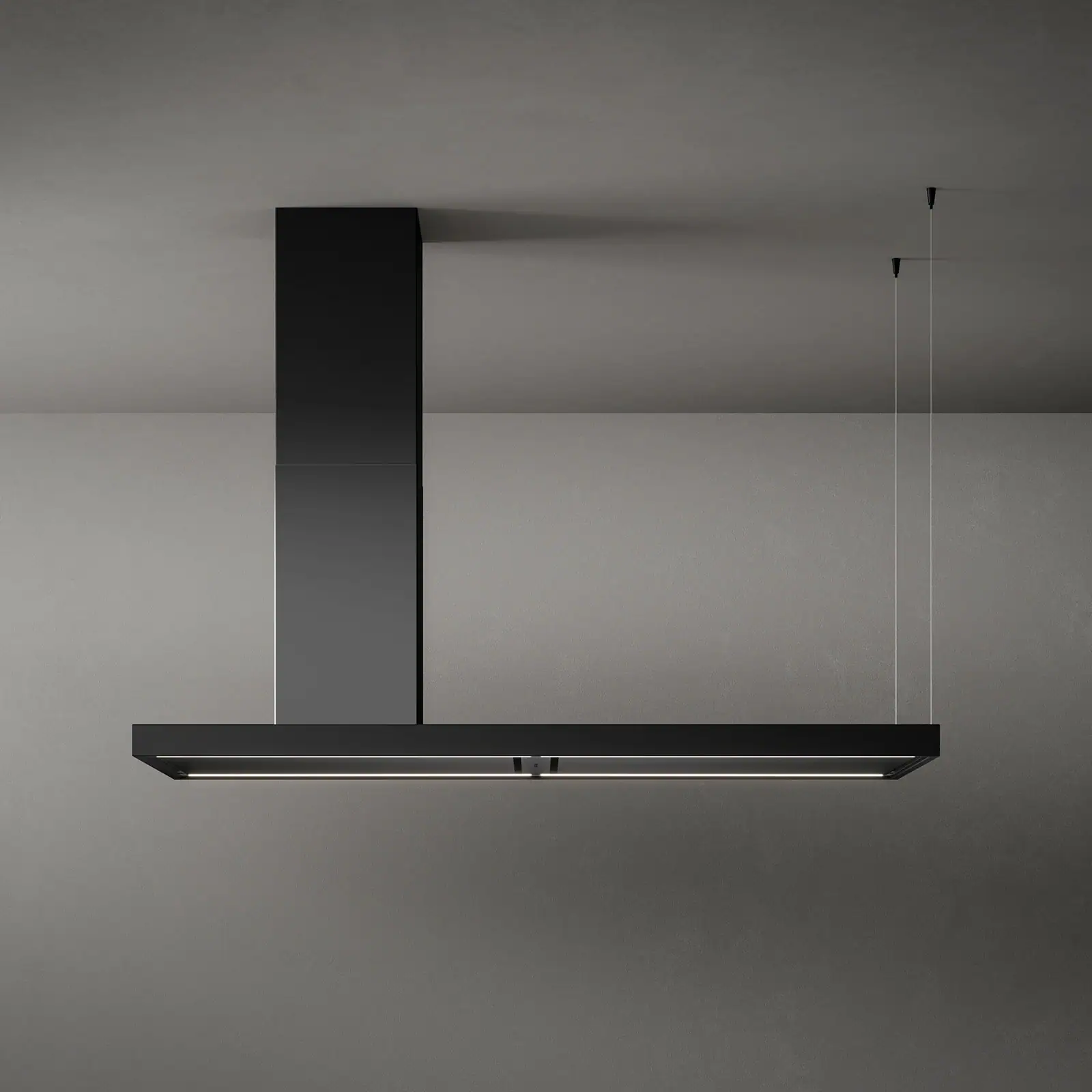 Falmec hood Elle Island 180 Black studio view with illuminated LED strips on gray wall