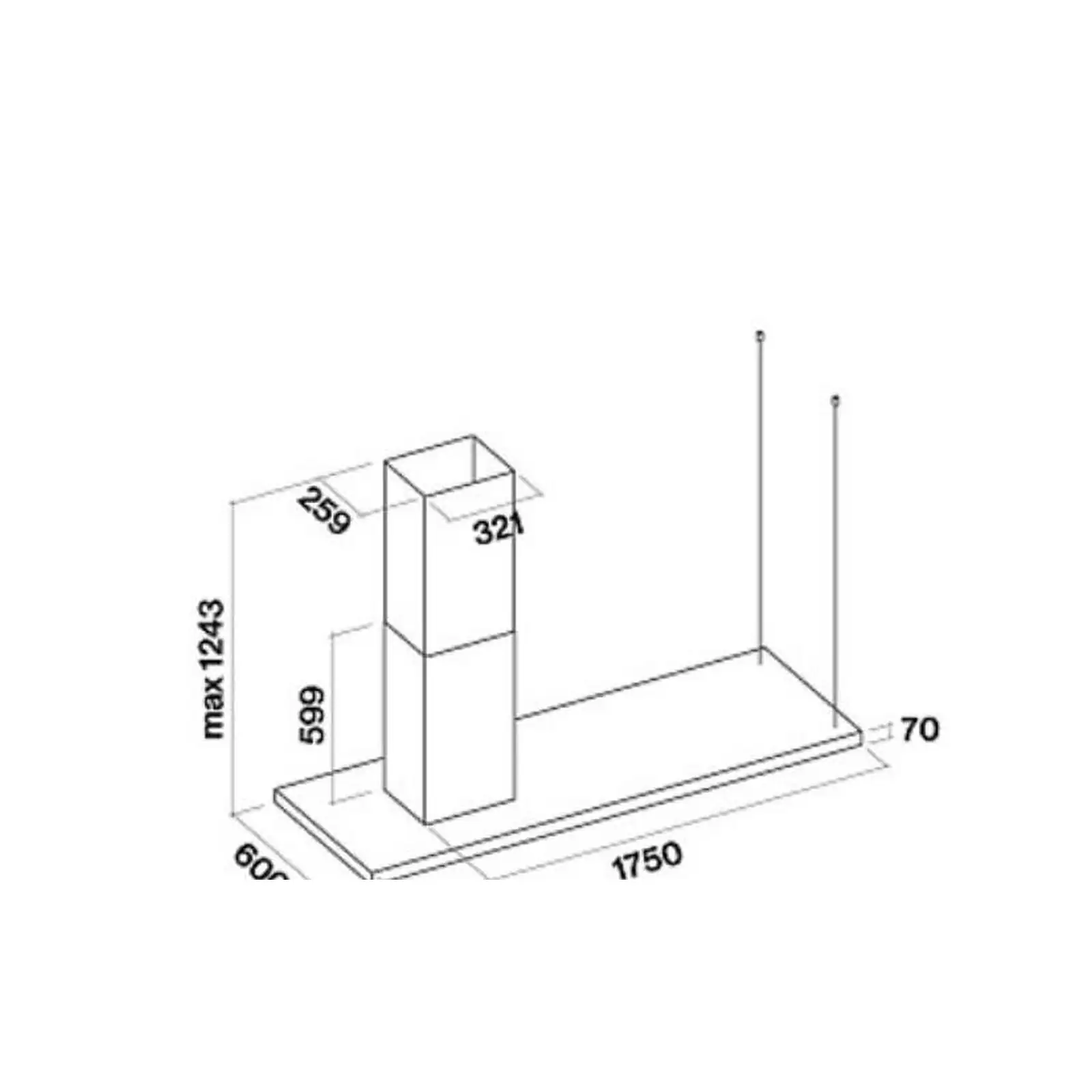 Falmec hood Elle Island 180 Black technical drawing showing 1750 mm canopy and 1243 mm max height