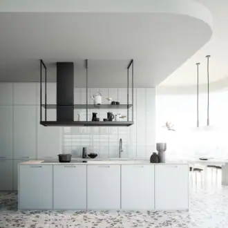 Falmec hood Europa Evo Island 175 Black above a marble island in a contemporary kitchen with terrazzo floor
