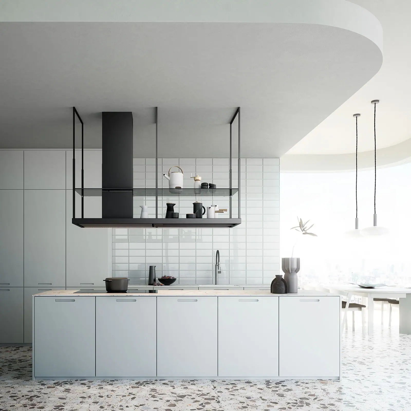 Falmec hood Europa Evo Island 175 Black above a marble island in a contemporary kitchen with terrazzo floor
