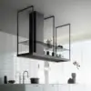 Falmec hood Europa Evo 175 Island Black close-up showing the architectural cage frame and glass shelf