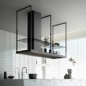 Falmec hood Europa Evo 175 Island Black close-up showing the architectural cage frame and glass shelf
