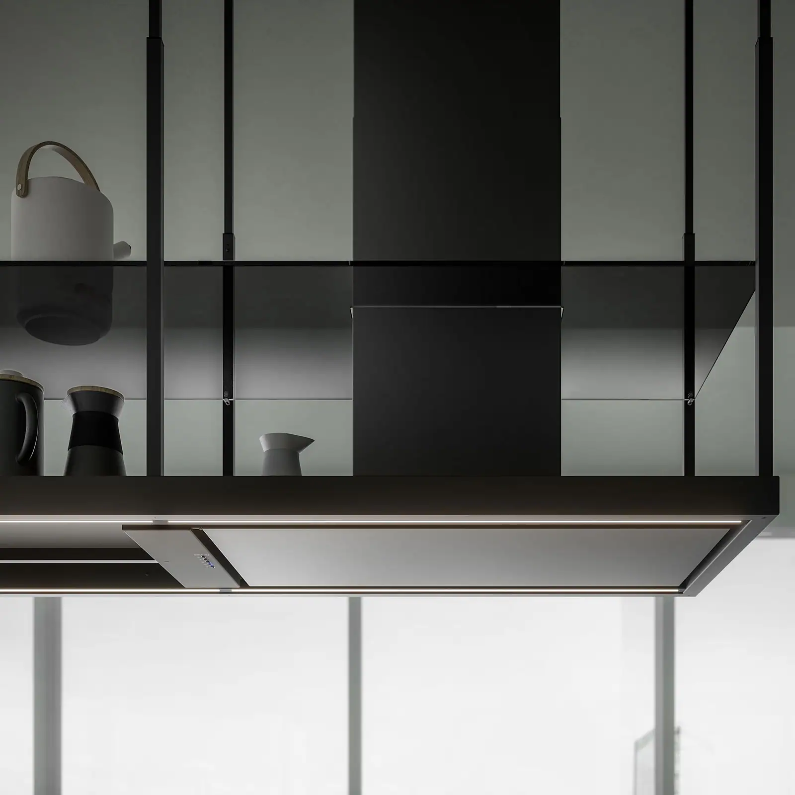 Falmec hood Europa Evo Island 175 Black close-up showing the architectural cage frame and glass shelf