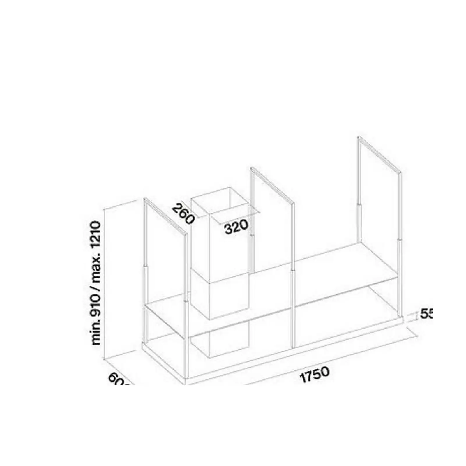 Falmec hood Europa Evo Island 175 Black technical drawing showing 1750 mm canopy and telescopic 910 to 1210 mm height