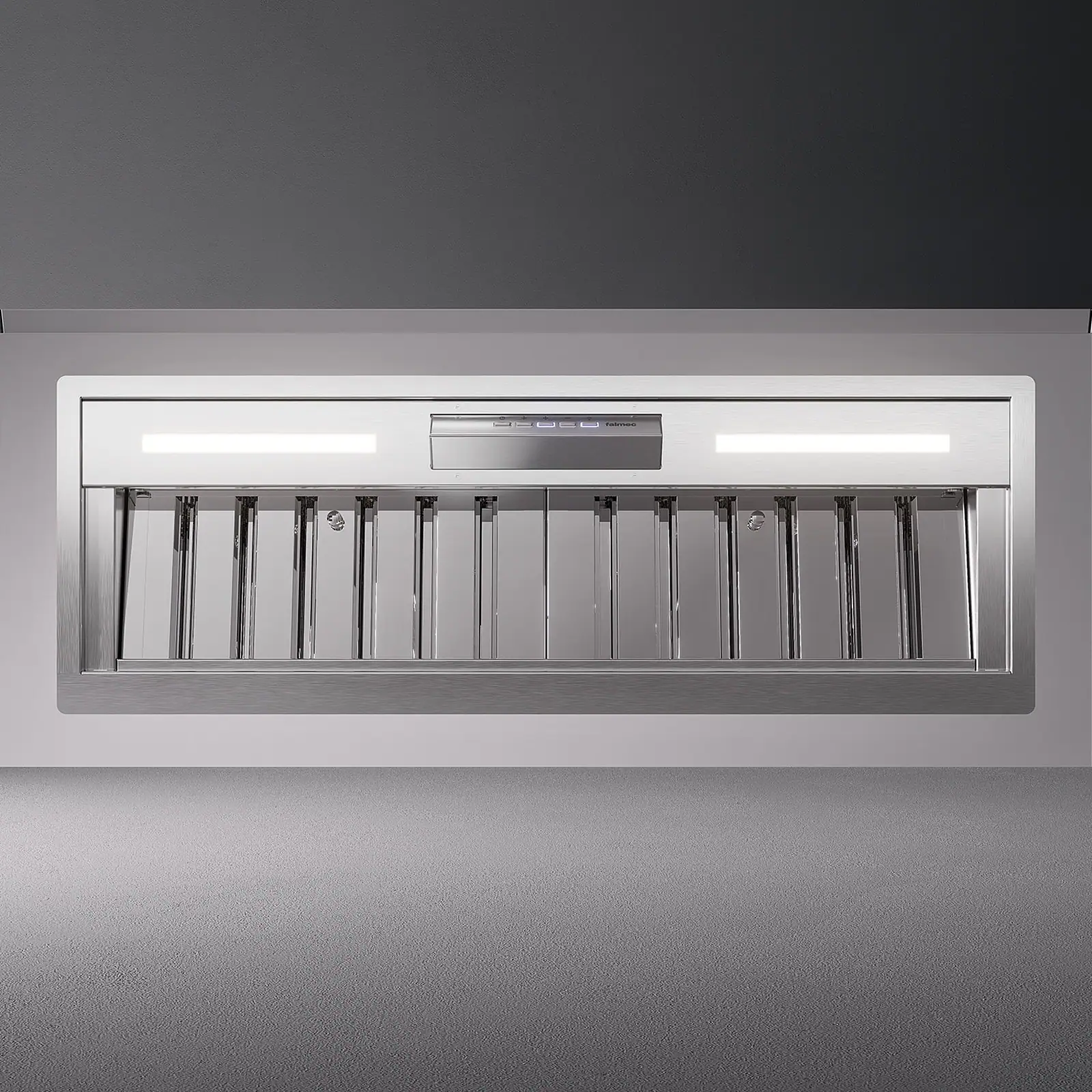 Falmec hood Built-In Plus Pro 80 Inox studio front view with control panel and baffle filter array