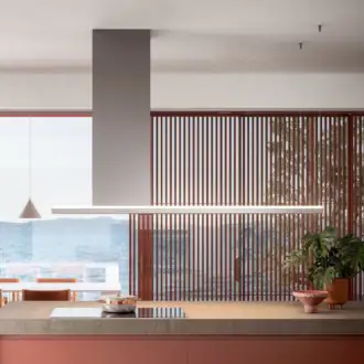 Falmec hood Lumen Island 175 Inox three-quarter view with cooktop, water view, and terracotta louvres