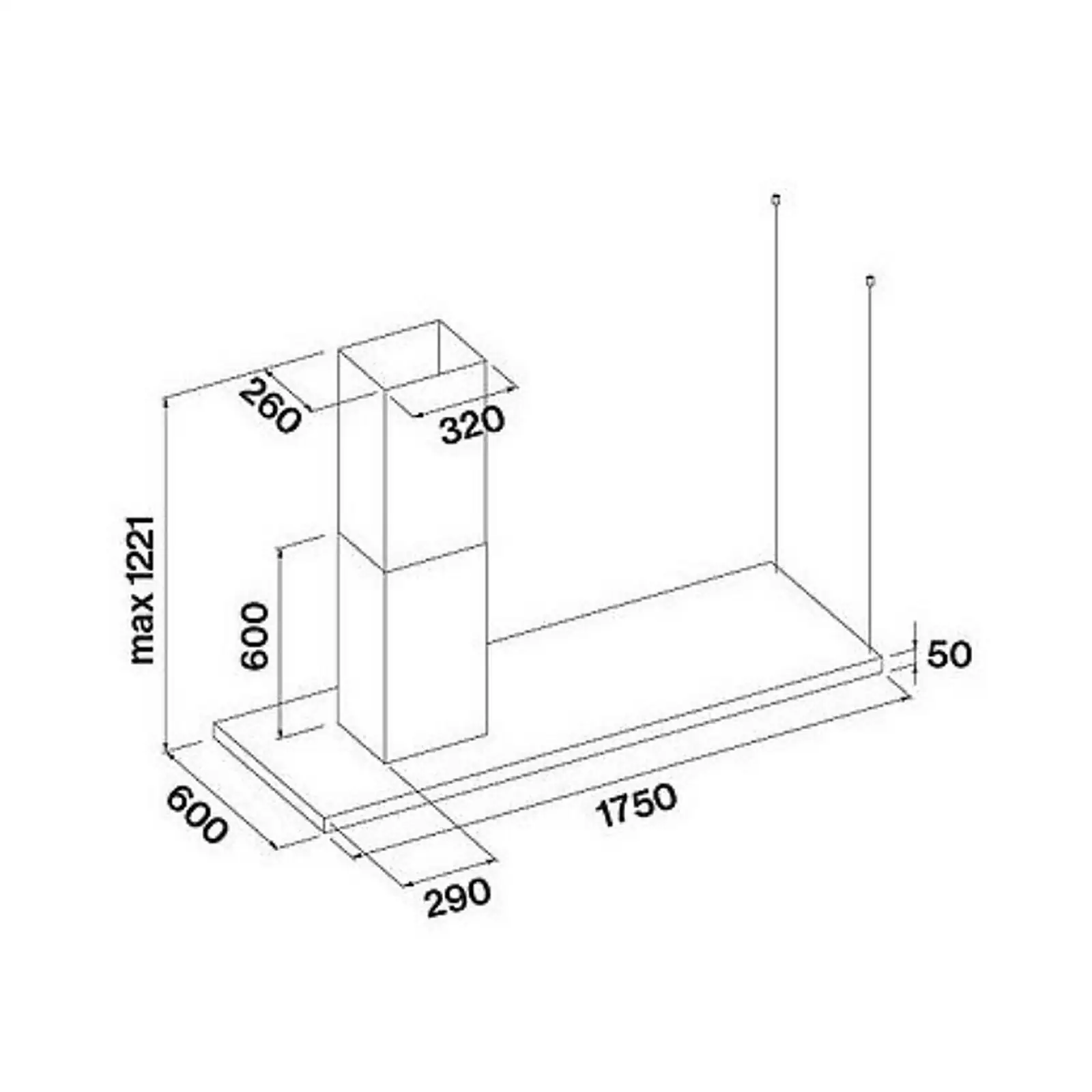 Falmec hood Lumen Island 175 Inox technical drawing with 1750 × 600 mm canopy, 50 mm thickness, and chimney dimensions