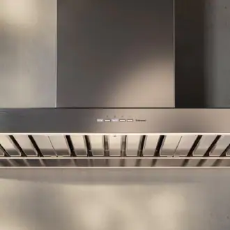 Falmec Marte Pro 90 Inox control panel detail with professional baffle filters and dynamic LED