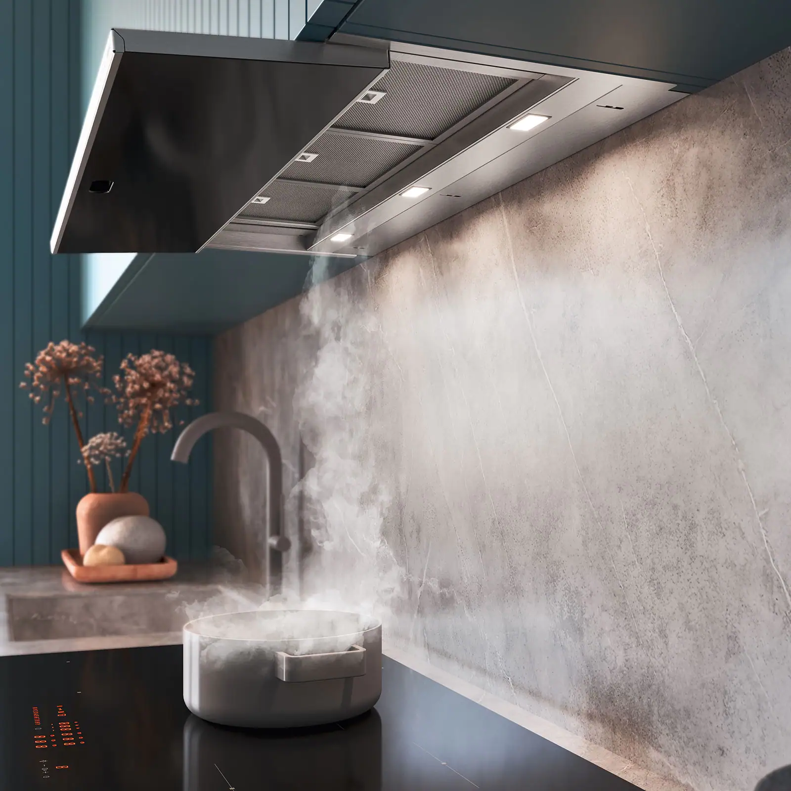 Falmec MOVE 90 Black built-in hood with Scotch-brite stainless steel and black tempered glass front