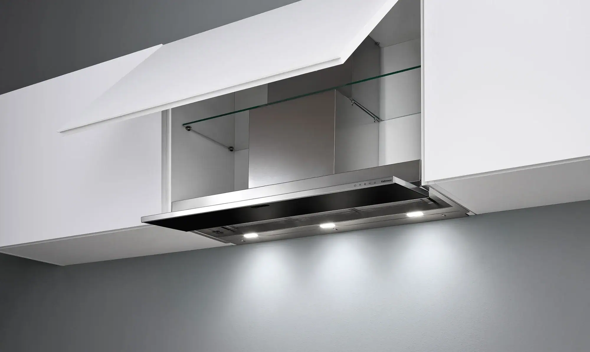 Falmec MOVE 90 Black built-in hood with Scotch-brite stainless steel and black tempered glass front
