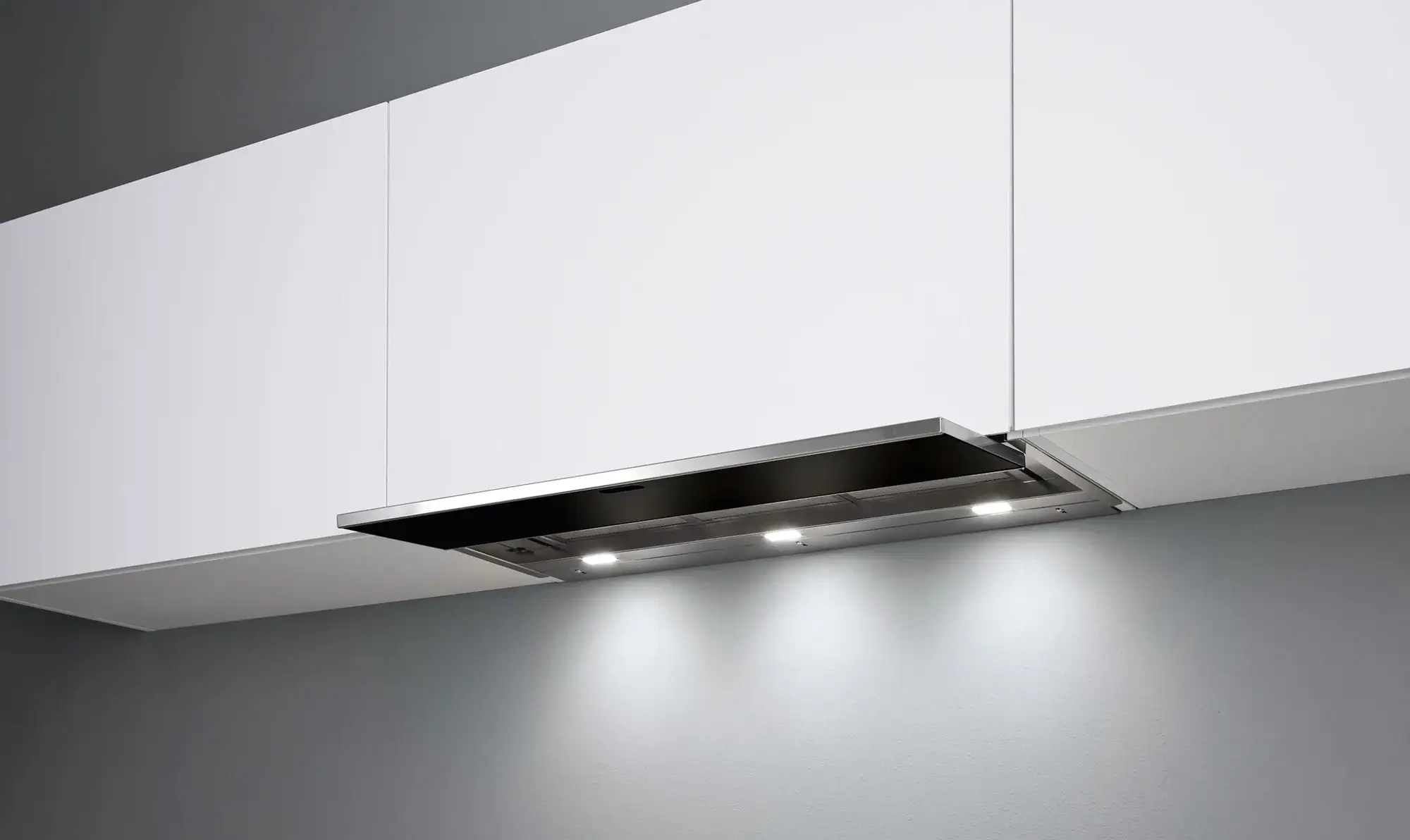 Falmec MOVE 90 Black built-in hood with Scotch-brite stainless steel and black tempered glass front