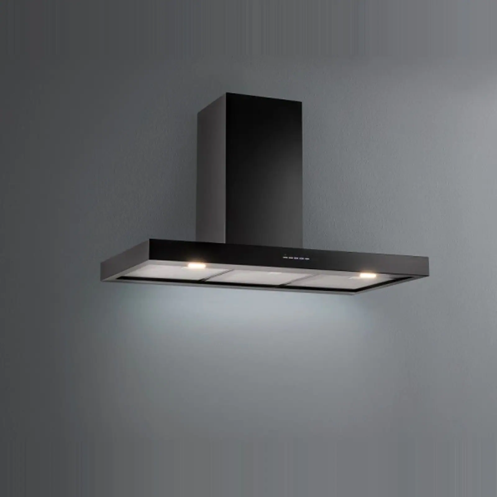 Falmec hood Plane Wall 90 Black front view, perimeter suction panel with LED illumination