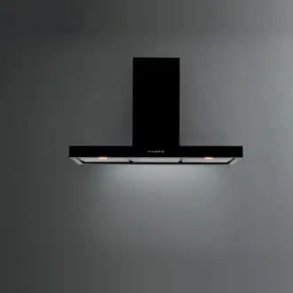 Falmec hood Plane Wall 90 Black angle view, painted black steel chimney hood with LEDs on