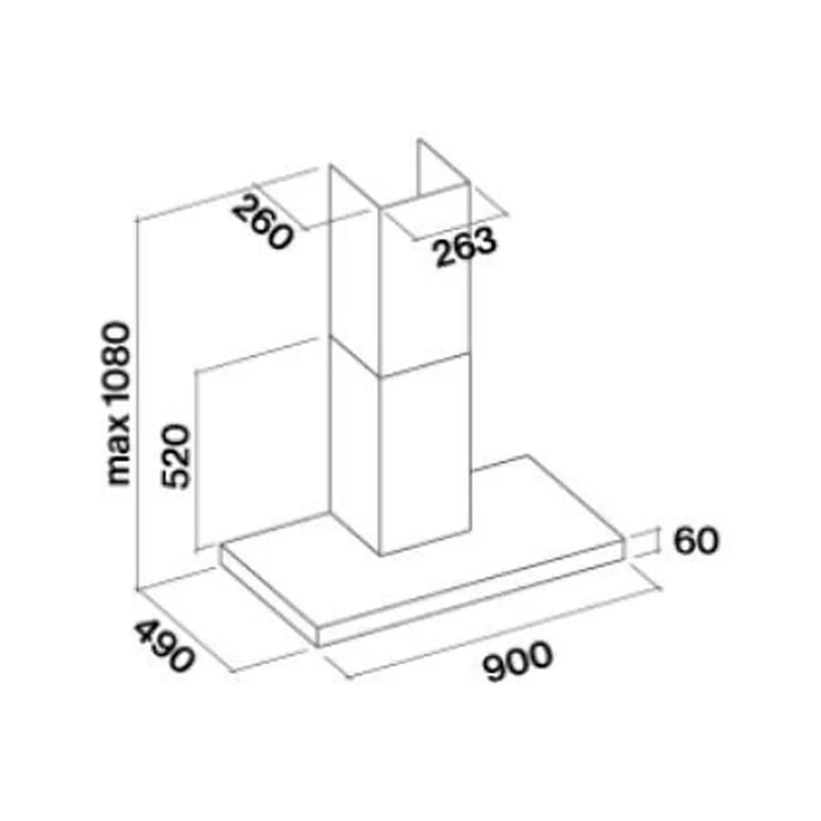 Falmec hood Plane Wall 90 Black technical drawing showing 900 mm width and 1080 mm max height