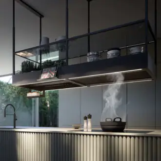 Falmec hood Spazio 180 Black showing Dynamic LED strip, tablet holder, and hanging plants over a cooktop in use