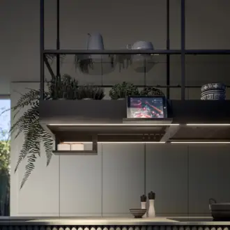 Falmec hood Spazio 180 Black studio shot showing the open black steel frame, smoked glass shelf, and triple ceiling mounts