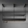 Falmec hood Spazio 180 Black studio shot showing the open black steel frame, smoked glass shelf, and triple ceiling mounts