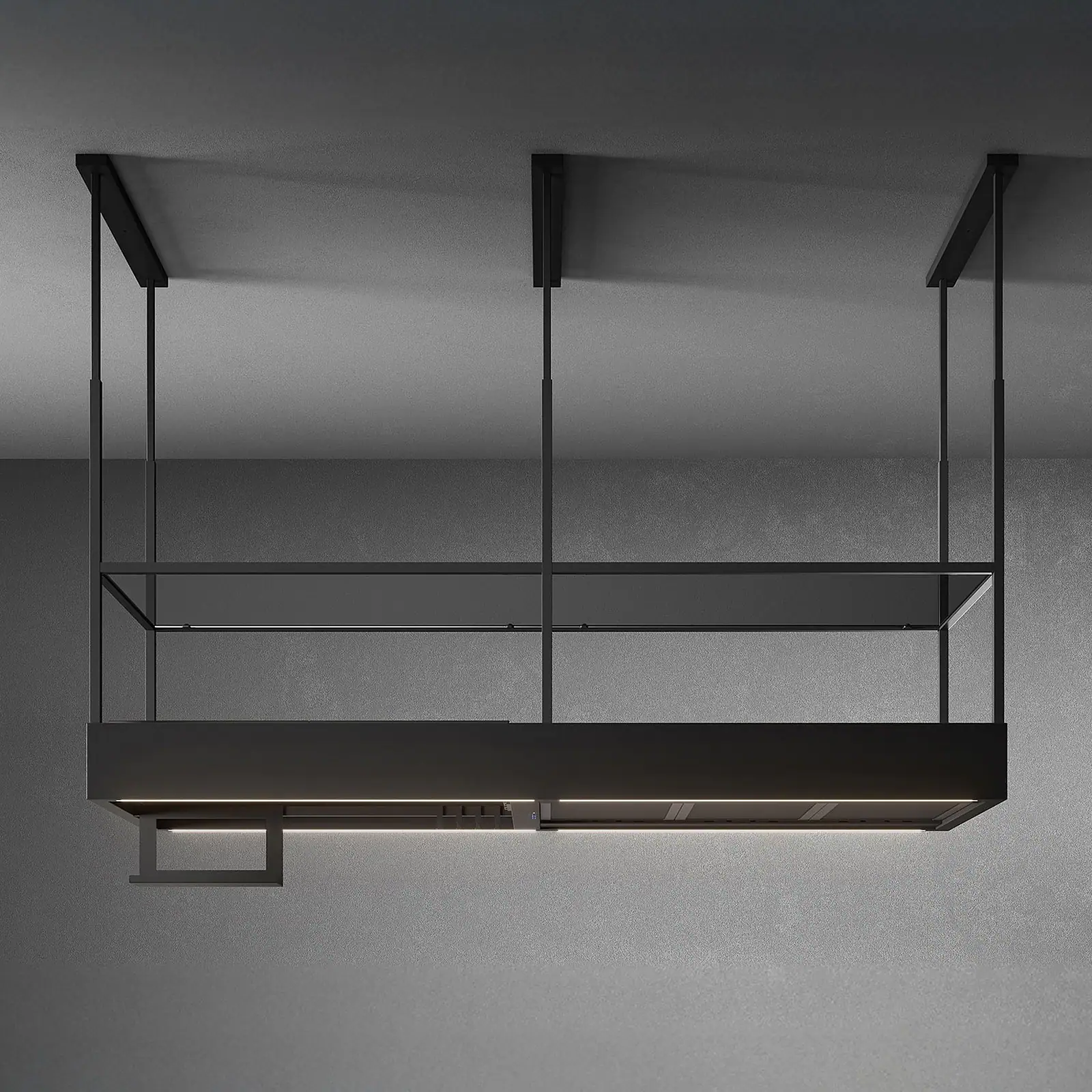 Falmec hood Spazio 180 Black studio shot showing the open black steel frame, smoked glass shelf, and triple ceiling mounts