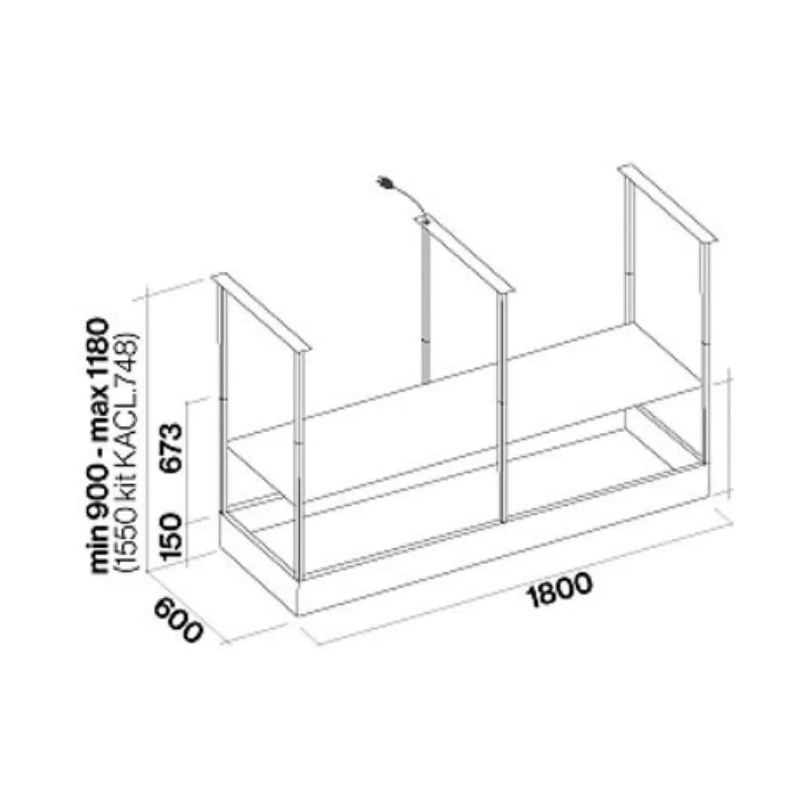 Falmec hood Spazio 180 Black technical drawing with 1800 × 600 mm frame and adjustable rod dimensions