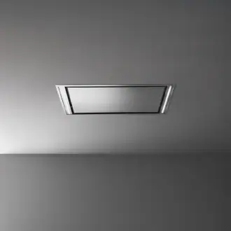 Falmec hood Stella Plus 120 Inox studio shot showing the recessed stainless panel and dual LED strip lighting on a grey ceiling