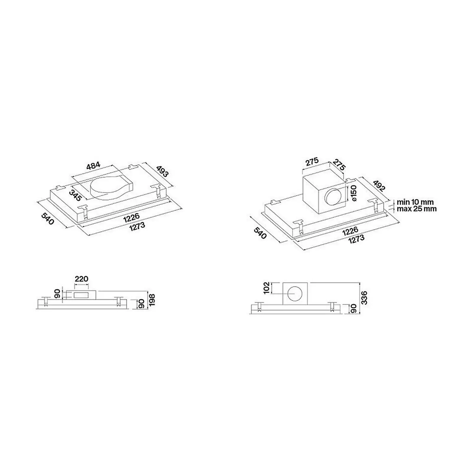 Falmec hood Stella Plus 120 Inox technical drawing with body and motor dimensions in millimetres