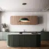 Falmec hood Vogue 88 hood in green over a green and marble kitchen island