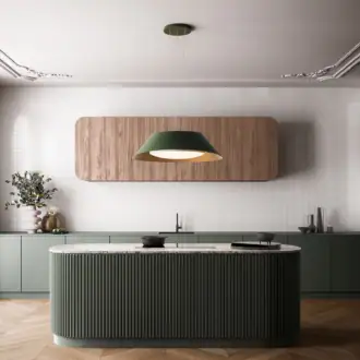 Falmec hood Vogue 88 hood in green over a green and marble kitchen island