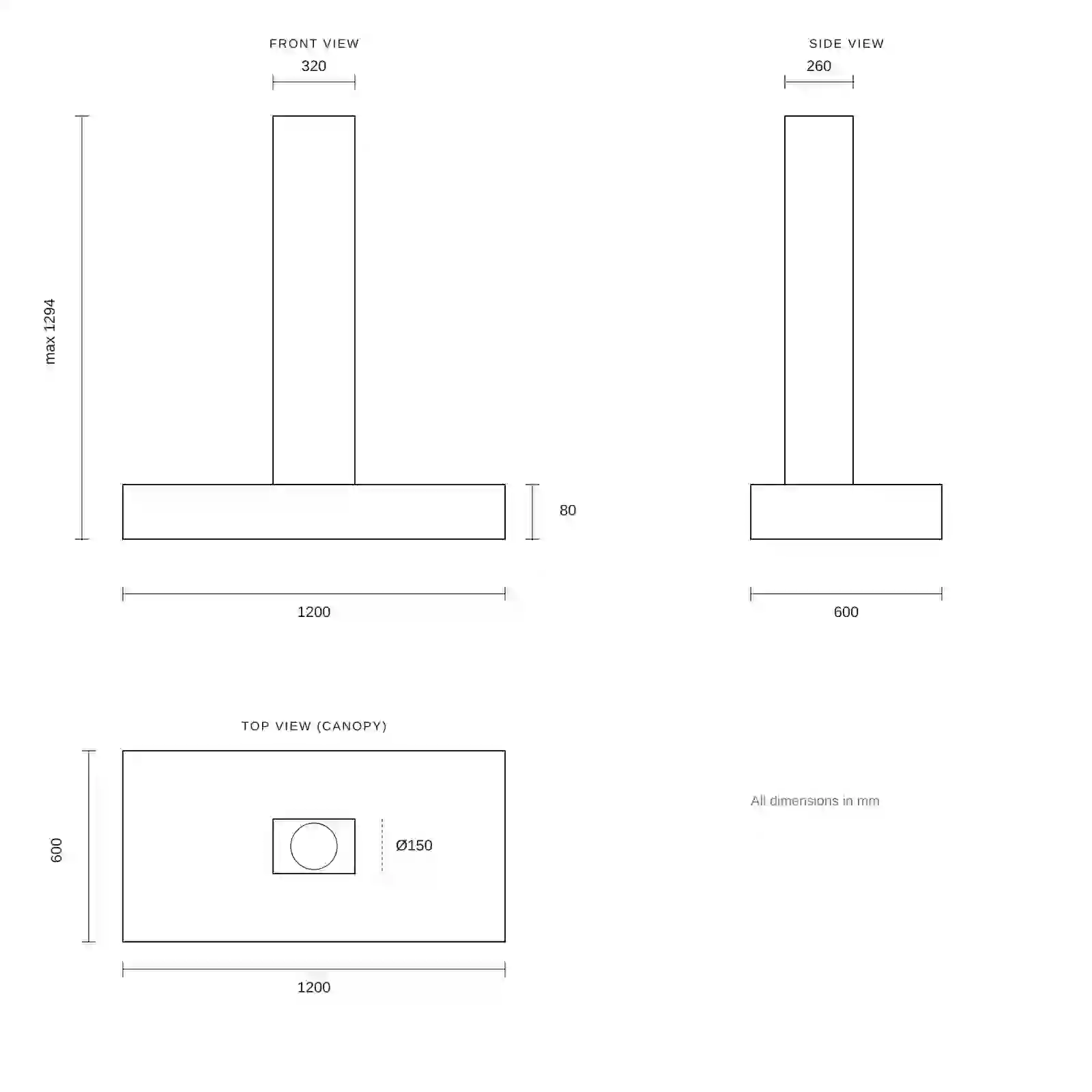 Falmec hood Line Pro Island 120 technical drawing — dimensions in mm