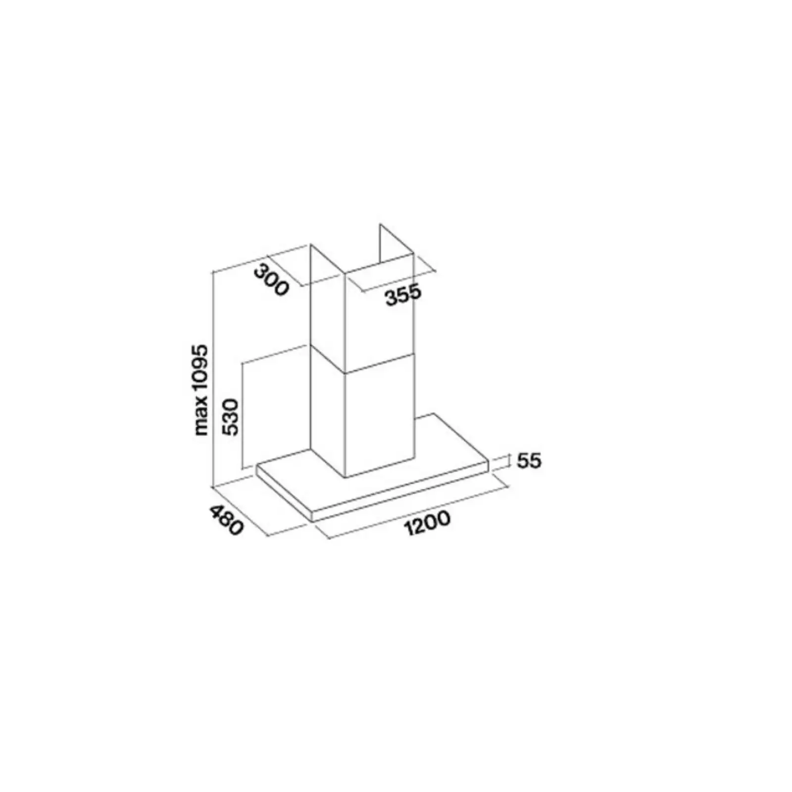 Falmec hood Lumina LED NRS 120 technical drawing — dimensions in mm