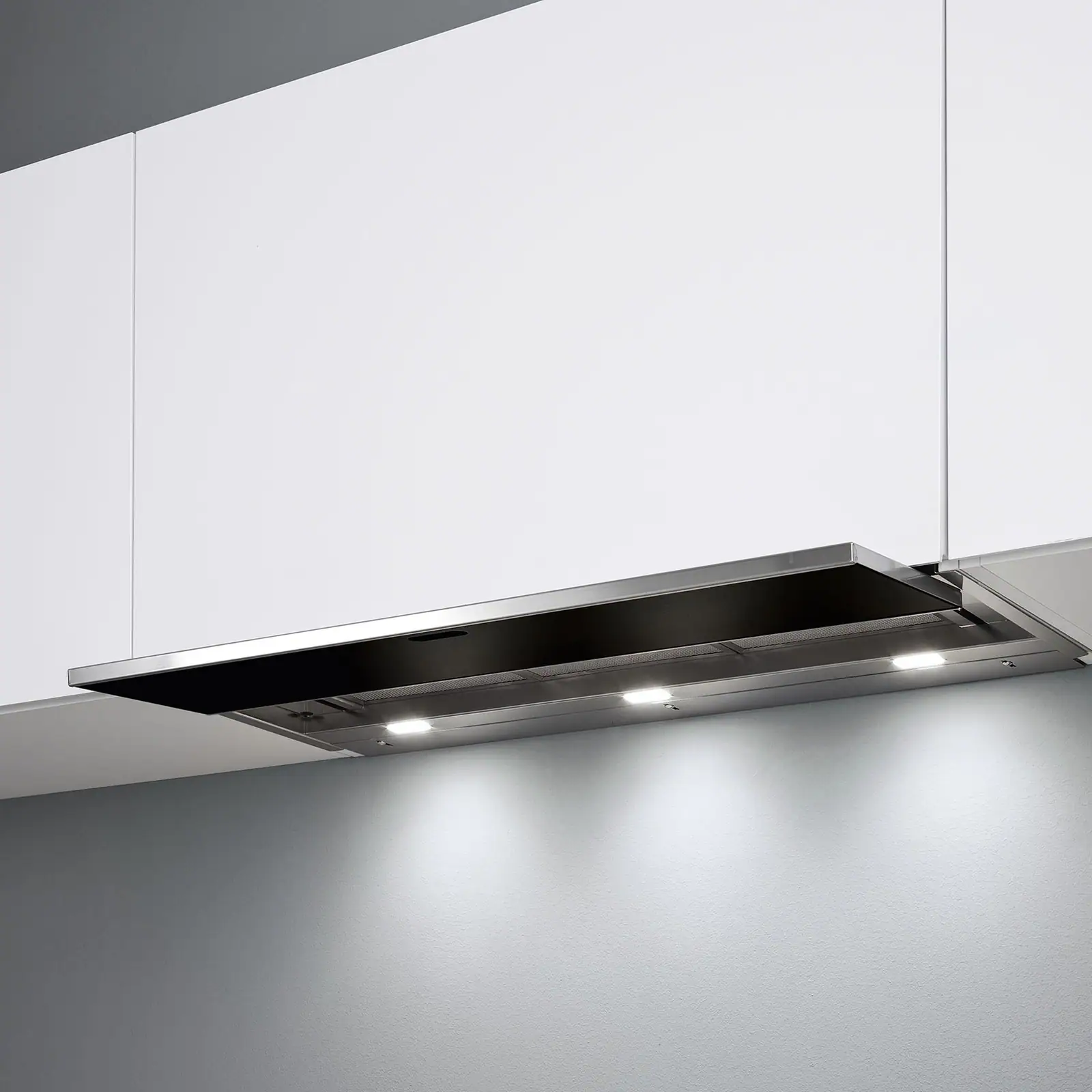 Falmec MOVE 120 Black built-in hood with Scotch-brite stainless steel and black tempered glass front