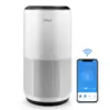 Levoit air purifier Core 400S white tower with VeSync app on phone