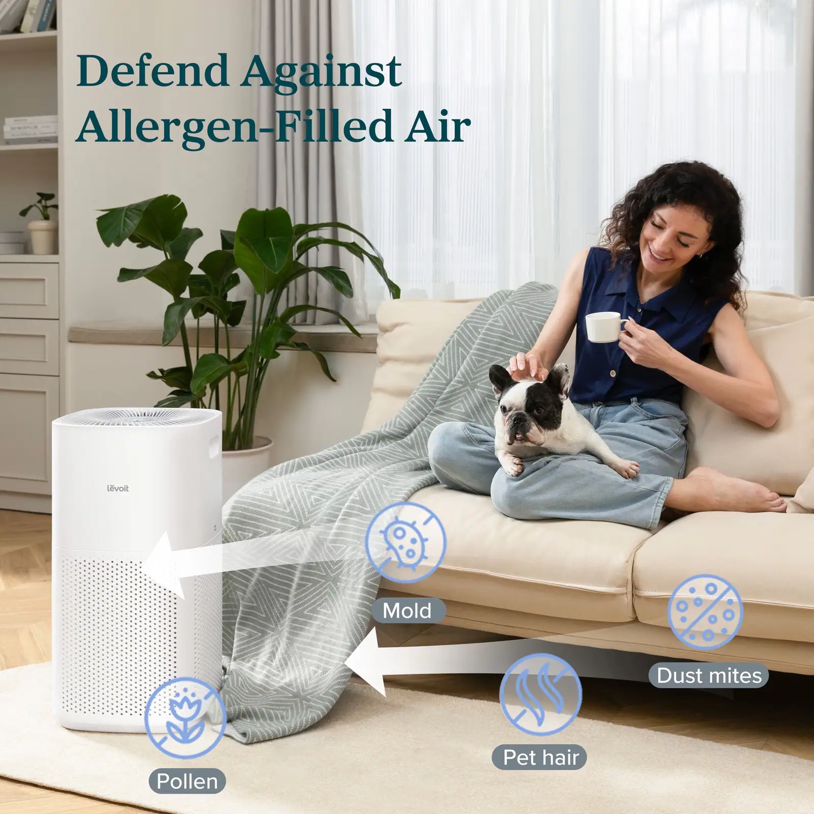 Levoit air purifier Core 600S defends against allergen-filled air in a modern living room