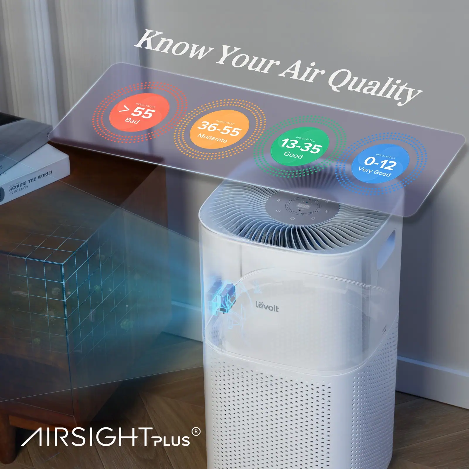 Levoit air purifier Core 600S 4-colour air quality indicator with AirSight Plus sensor