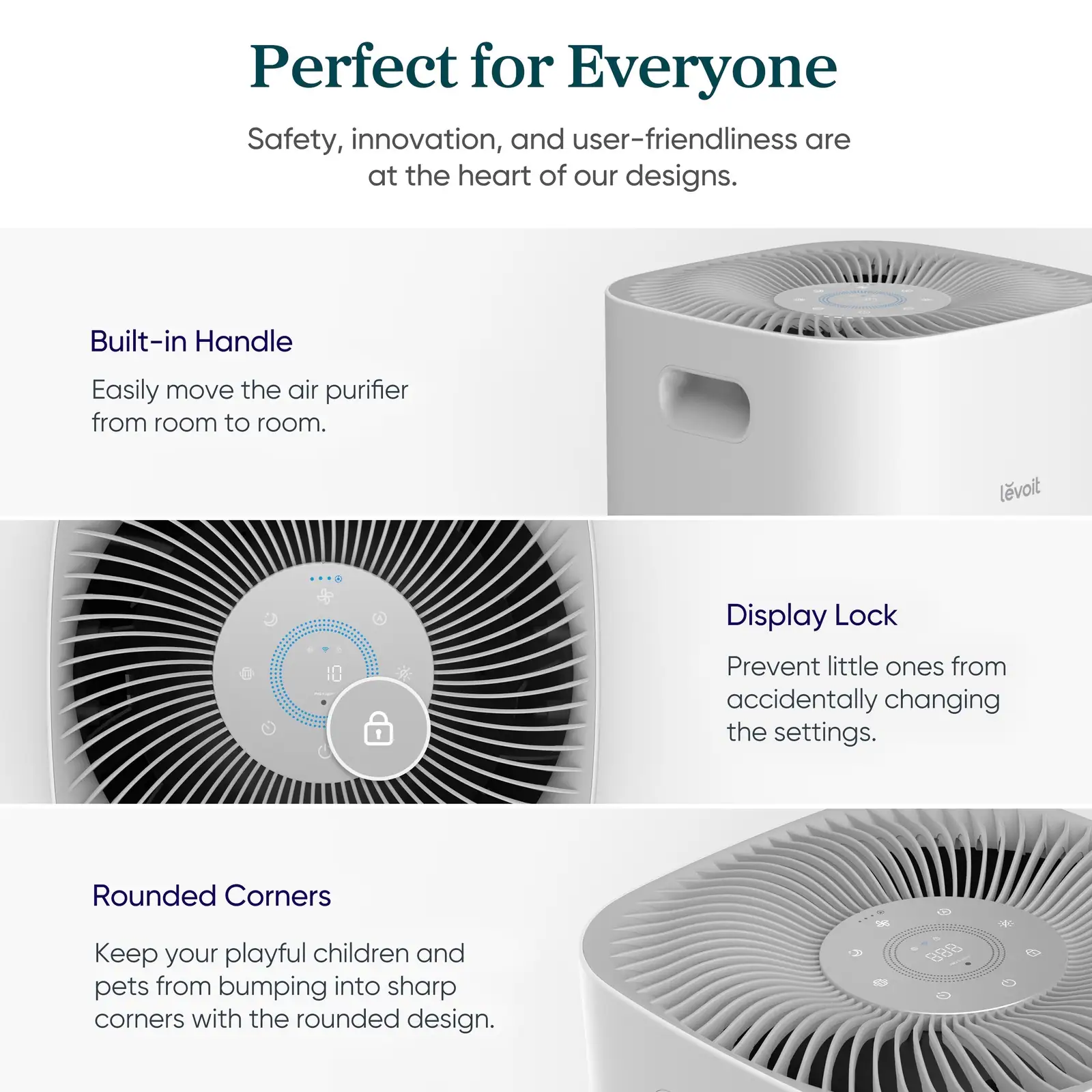 Levoit air purifier Core 600S built-in handle and display lock design detail