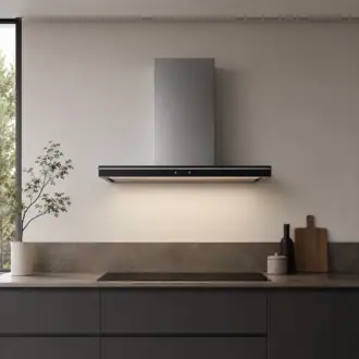 Falmec hood Lumina LED NRS 120 Black wall hood with stainless steel chimney and black tempered glass front