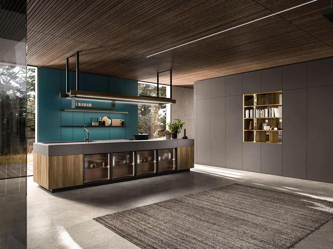 Ak_Project kitchen with teal back wall and glass-front island