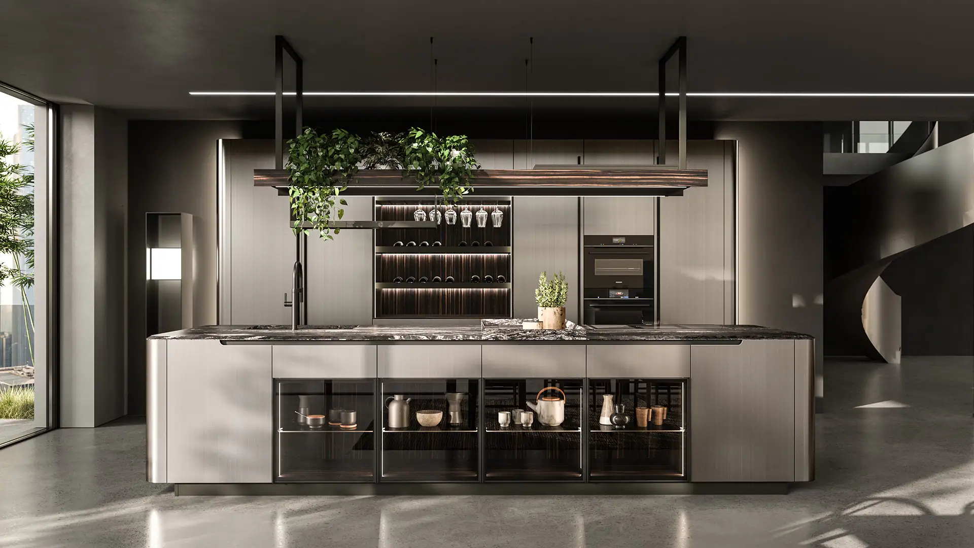 Ak_Project kitchen island in brushed metal with suspended shelf and hanging plants