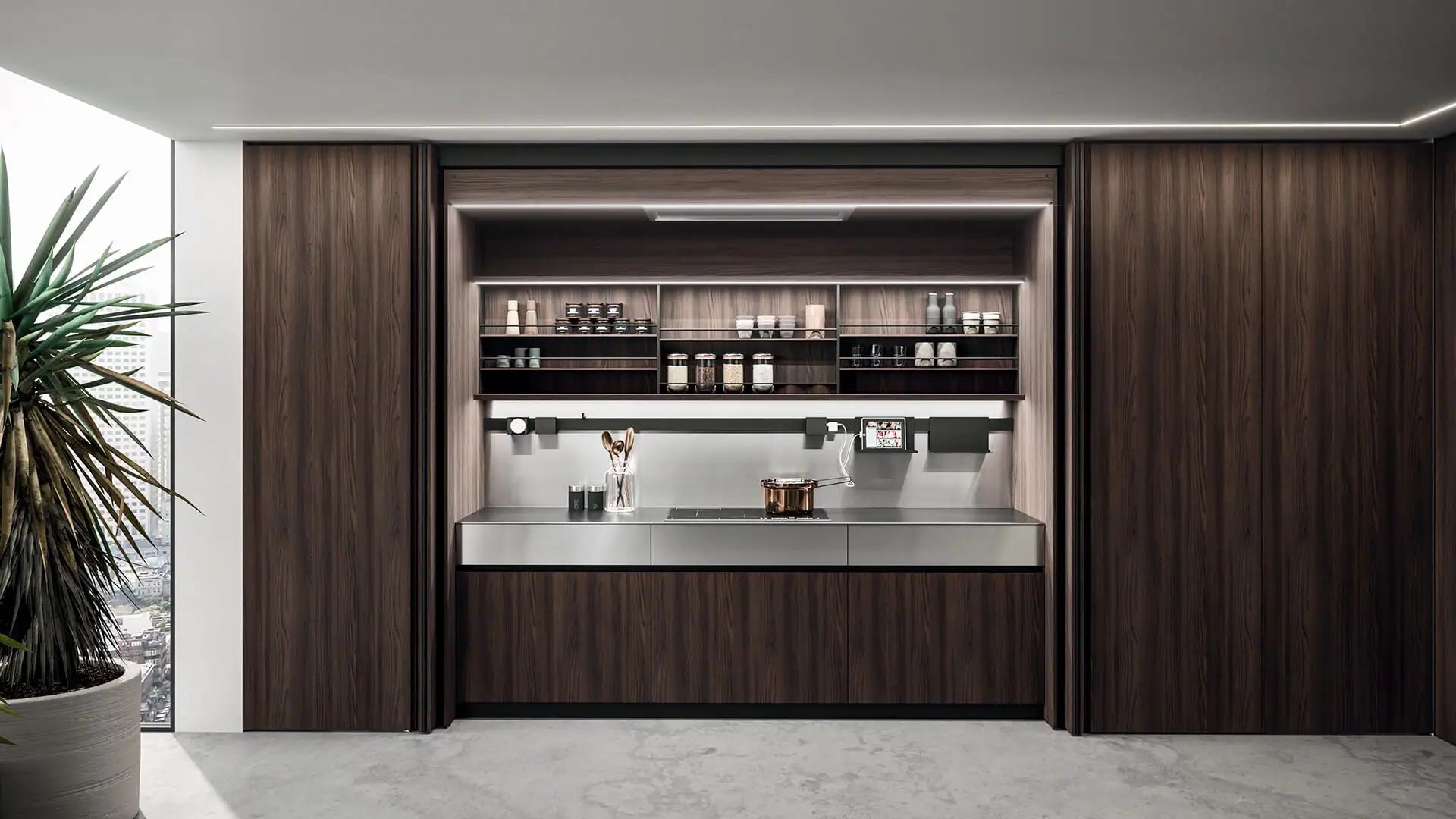 Sipario concealed sliding door system opening onto backlit back panel