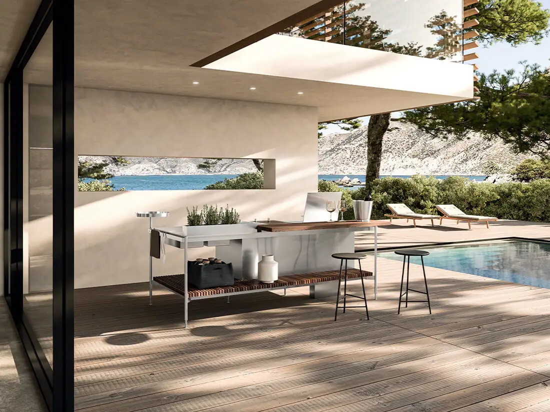 Solaria outdoor kitchen in stainless steel on a terrace