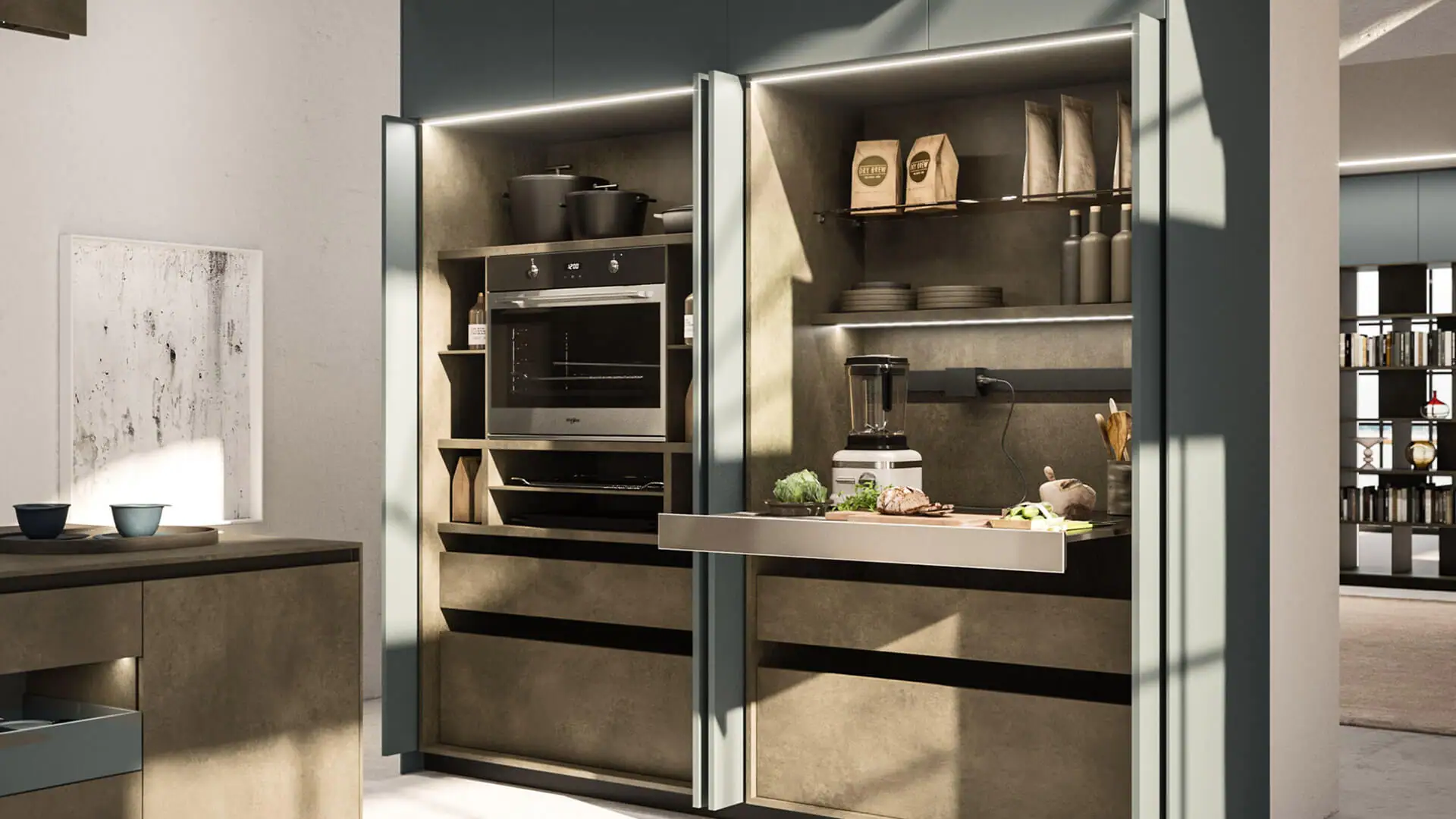 Tall units with concealed retractable doors