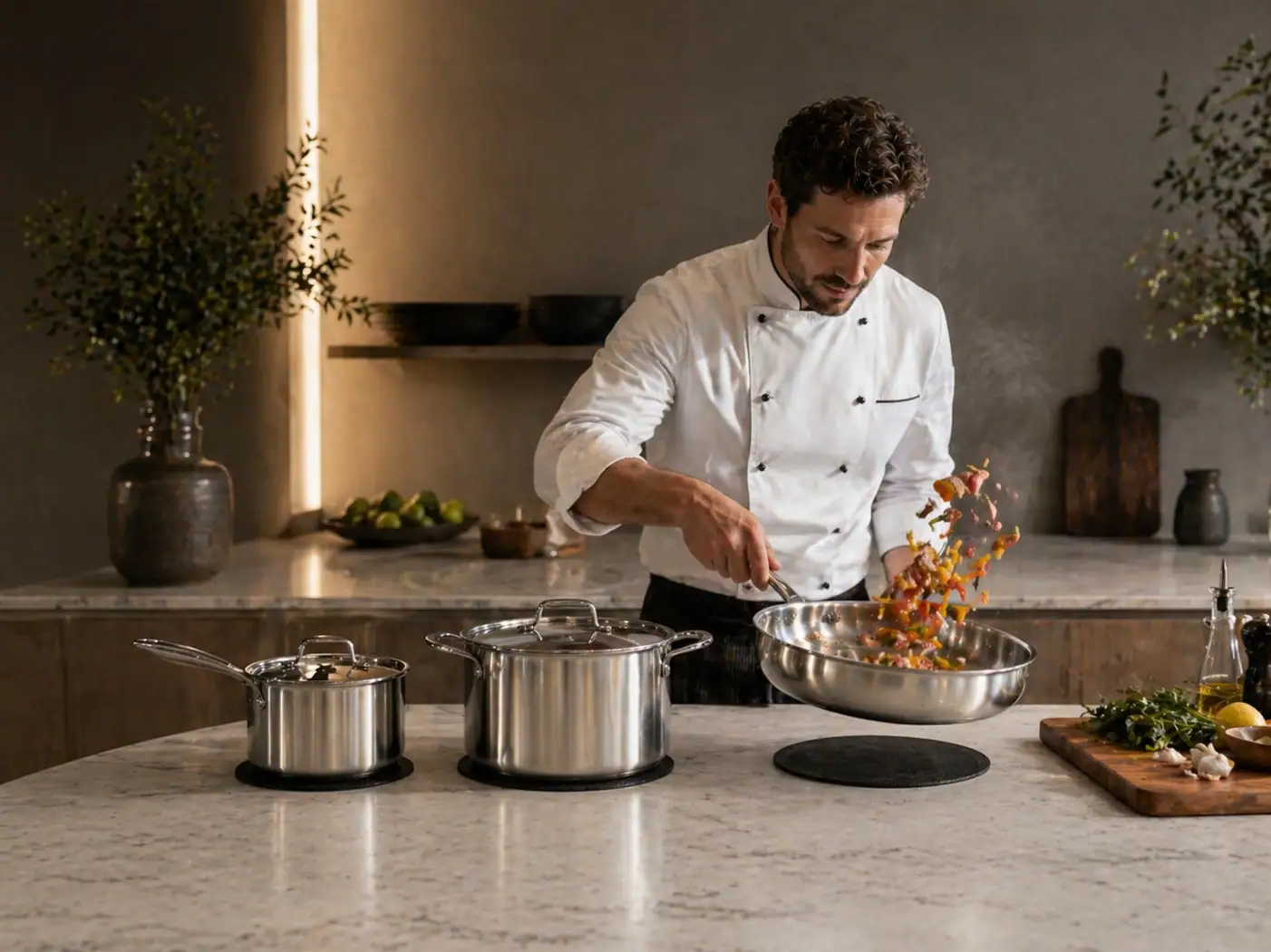 Chef cooking with pans directly on the porcelain worktop