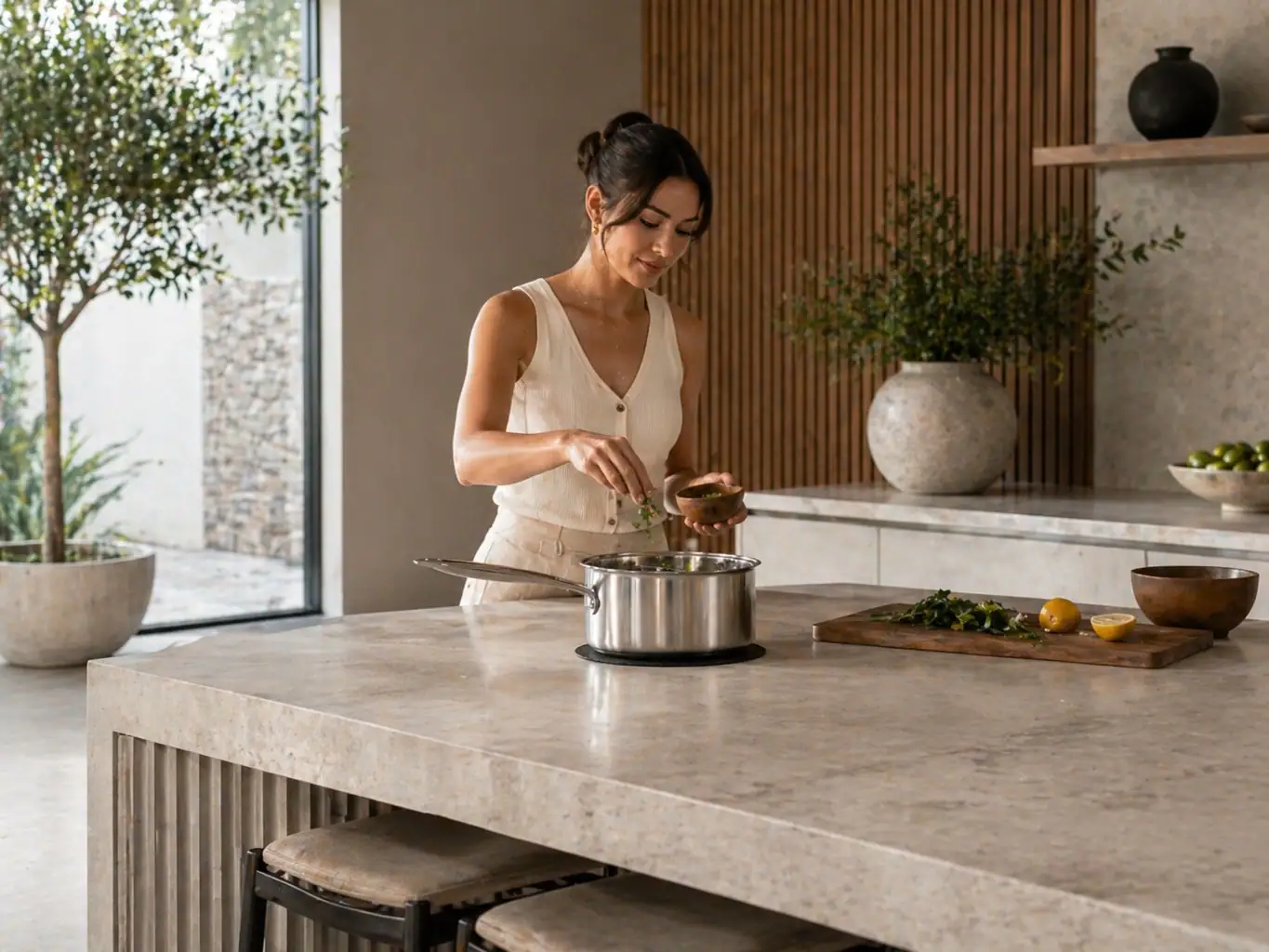 Cooking a pot on the bare marble island