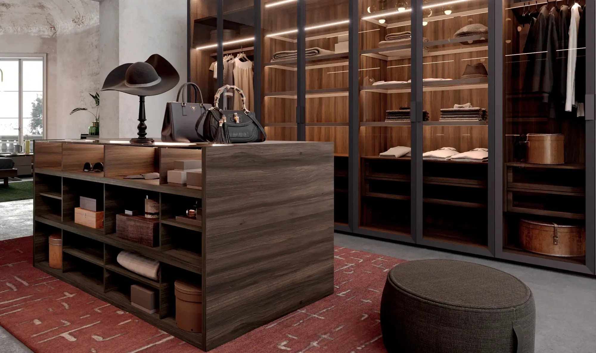 Free-standing dressing island in a walk-in closet