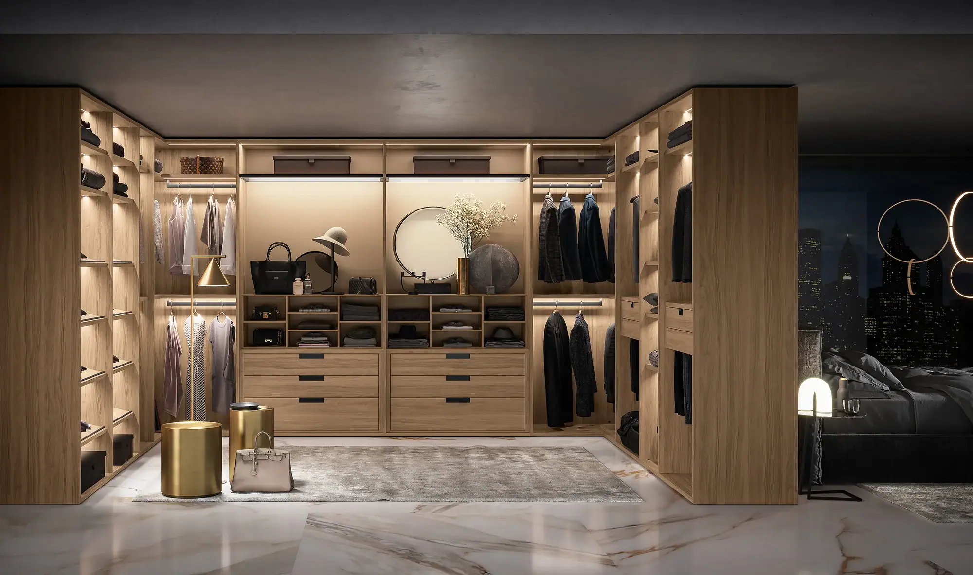 Walk-in closet with open wardrobe modules