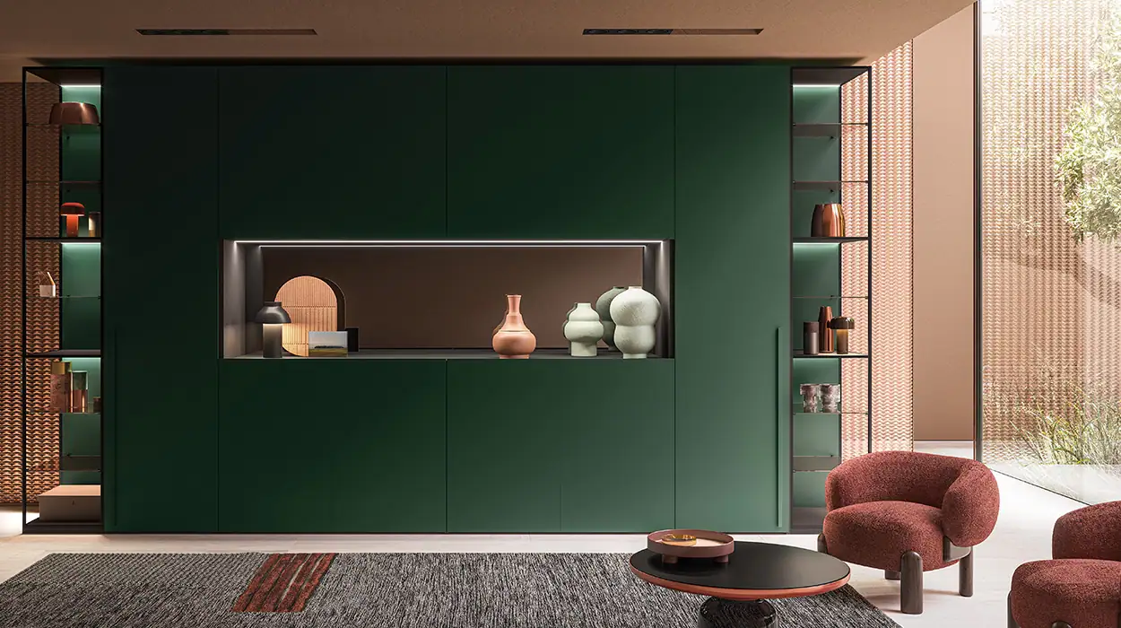 Italian wardrobe with glass doors in a night interior